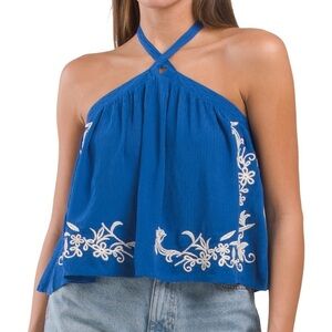 Blue Halter Neck Embroidered Women's Top